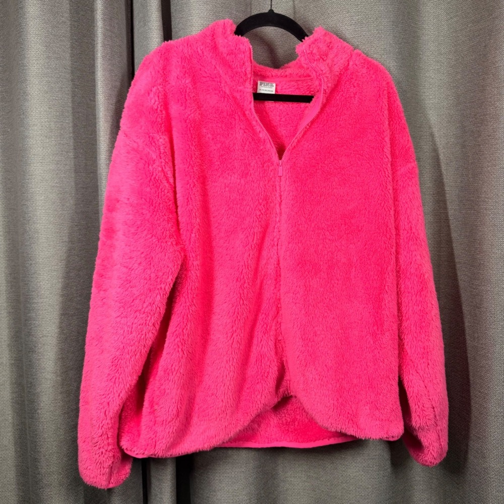 Pink Victoria's Secret Sherpa Fleece Teddy Full Zip Sweater Jumper Neon Pink XL